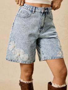 Easelle Jeans azules sueltos de pierna recta con roturas, con bordados de corazón y estrella, para mujer, para primavera/verano