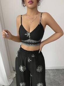 Selianne Bộ 2 món áo crop top hở lưng in họa tiết màu xanh lá cây và quần dài phong cách nghỉ dưỡng giản dị cho nữ - màu đen - Xem 6