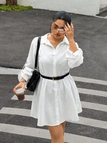SHEIN EZwear Plus Size Casual White Button-Front Shirt Dress,Adjustable Sleeves,Fall,Winter,Work,Teacher,Business,Office,School,Going Out,Back To School