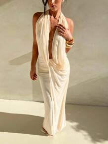 Aloruh Deep Draped Neck Sleeveless Apricot Mesh Knit Bodycon Dress, Wedding Style,Fall Wedding Guest Dress - Apricot - View 9