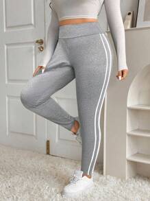 SHEIN EZwear Plus Size Women Striped High Waist Casual Leggings