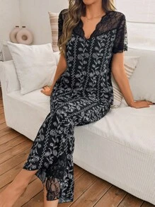 SHEIN 紫藤花蕾丝边透视肩部镂空短袖睡衣套装 - 黑色 - 查看 3