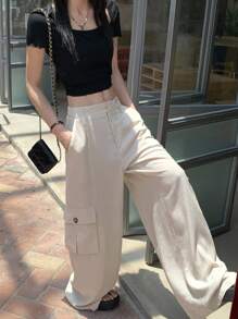 DAZY Women's Casual Solid Color Wide Leg Cargo Pants - Apricot - View 4