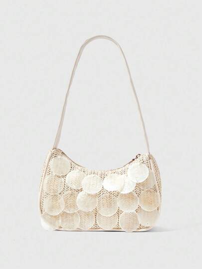 ROMWE Fairycore 1 Piece Woven Beach Shoulder Bag, Fashionable & Personalized Beach Vacation Style Tote Bag For Women