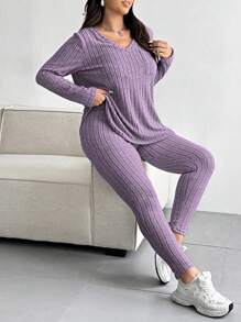 Vibekara 大码休闲纯色纹理条纹V领上衣和裤子套装 - 紫色 - 查看 6