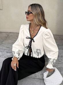 Serisse Women's Vacation Casual Colorblock Woven Strap Floral Embroidered Lace-Up Shirt, Fall Women Clothes,Back To School,Country Concert Outfit , Business Casual Woman, Teacher Outfits For Women,Date Night Outfits Women ,Birthday Outfit ,Brunch Outfits For Women,Western Women Wear ,Business Casual Woman