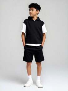 Tween Boys 2 In 1 Color Block Hooded T-Shirt And Shorts Black And White Summer Casual City Break Kids Outfits Toddler Boy Back To School Set,Spring - Black - View 5