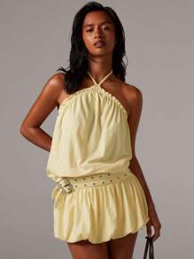 Athîral Vestido mini de mujer con diseño de volantes en el dobladillo, con hebilla y ojales en la cintura y cuello de halter de un solo color