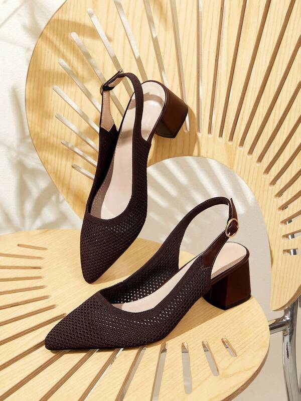 CUCCOO BASICS Women's Fashion Coffee Brown Hollow Textile Comfortable Block Heel Backless High Heels