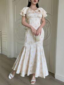 Modelyn 时尚、浪漫、优雅的提花缎浅黄色女士度假连衣裙 - 淡黃色 - 查看 4