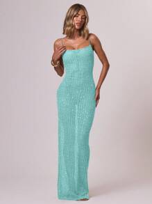SHEIN x Eduarda Gutierrez MUSERA 亮片针织吊带修身长裙，适合伊比沙岛度假、春季、夏季、海滩婚礼宾客、优雅场合、约会之夜、秋季等各种场合。 - 藍色 - 查看 4