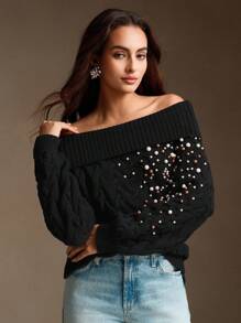 Anewsta Jersey de punto elegante con adornos de perlas, estilo francés para mujer - Negro - Ver 3