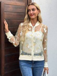 SHEIN LUNE Regular Casual Printed Knit Splice Woven Women Jacket, See Through Sheer Jacket Fall Autumn Going Out - Yellow - View 6