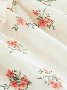 SHEIN MOD Áo kiểu cỡ lớn màu xanh trắng thêu họa tiết, viền bèo nhún, thích hợp cho kỳ nghỉ lãng mạn. - Màu Hồng  San hô - Xem 4