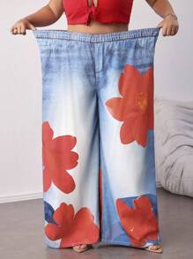 SHEIN CURVE+ Pantalones vaqueros de talla grande con estampado de lirios rojos, pantalones anchos con cintura elástica cómoda, pantalones con estampado de lirios coloridos de estilo Y2K para festivales de música de otoño - Lavado ligero - Ver 4