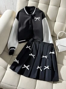少女蝴蝶结装饰拼色棒球夹克和百褶迷你裙套装，适合秋季开学季和学院风 - 黑與白 - 查看 1