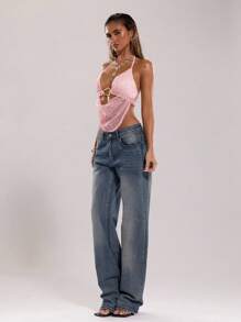 SHEIN BAE Áo nữ mùa hè gợi cảm phong cách Bohemian, thích hợp đi biển, đi xem hòa nhạc, cổ yếm, thắt nơ kim loại, chất liệu móc len, kiểu dáng gợi cảm cho câu lạc bộ, ngày Valentine. - Màu Hồng  San hô - Xem 4