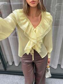 Serisse Back To School Clothes , Fall Women Clothes , Cute Tops Women , 2025 Old Money Aesthetic Pale Yellow Blouse With V-Neck Layered Ruffles & Tie Front - Lightweight Teachers For Women, Airport For Women, Versatile Fall Blouse For Daily Commute Winter Casual - Yellow - View 2