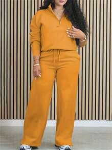 INAWLY 2pcs Women Solid Color Half Zip Jacket And Pants Set, Autumn - Yellow - View 4