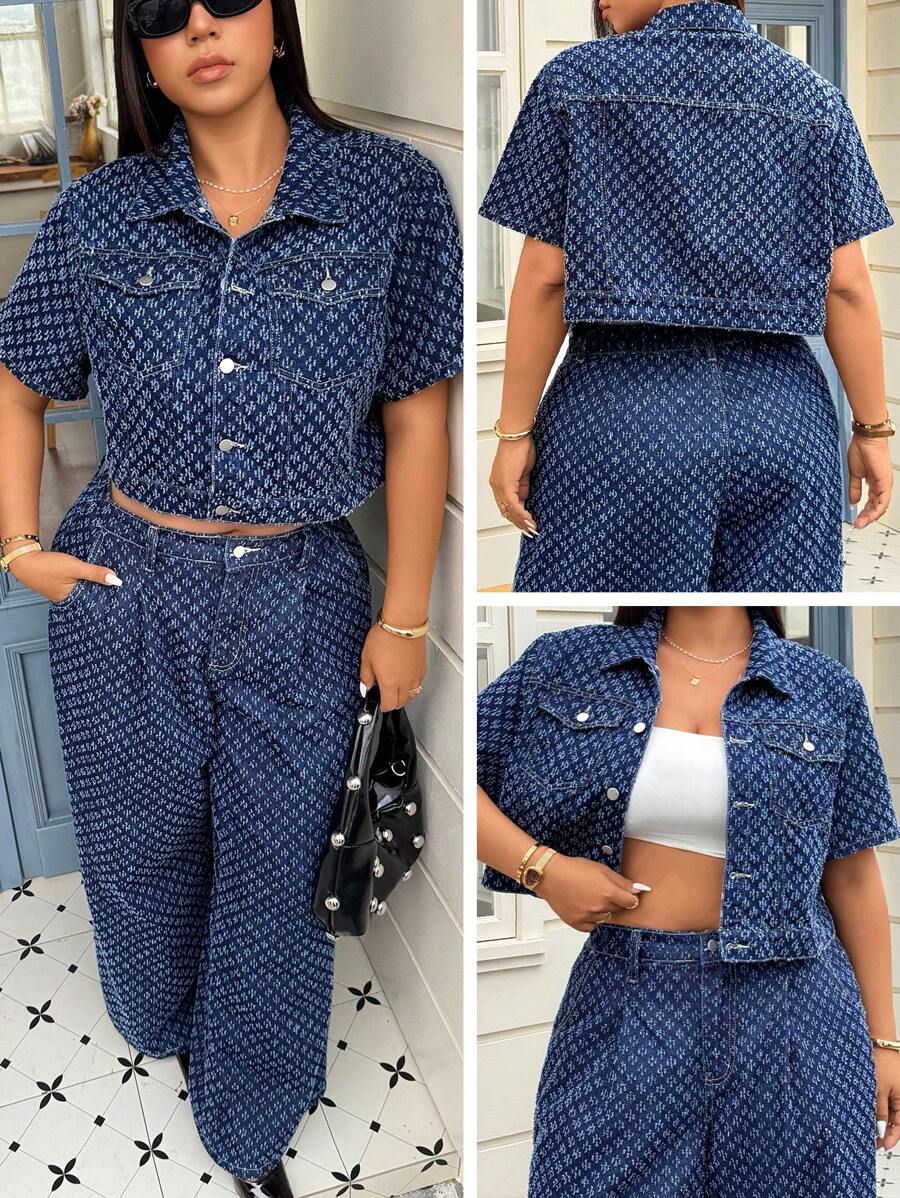 SHEIN ICON 大码女式钩针牛仔夹克，短袖，春夏 - 深色水洗藍 - 查看 1