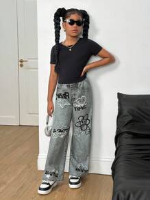 Tween Girl Black Short Sleeve T-Shirt With English Letter & Star Print, Black Pants 2 Pieces Set