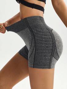 Gameset SHEIN Sport Seamless Striped High Waist Women Daily Fitness Sports Shorts - Dark Grey - View 6