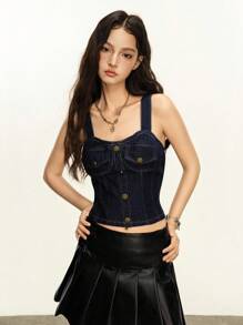SHEIN EZwear 女式街头风格纽扣装饰修身牛仔连体裤 - 深色水洗藍 - 查看 1