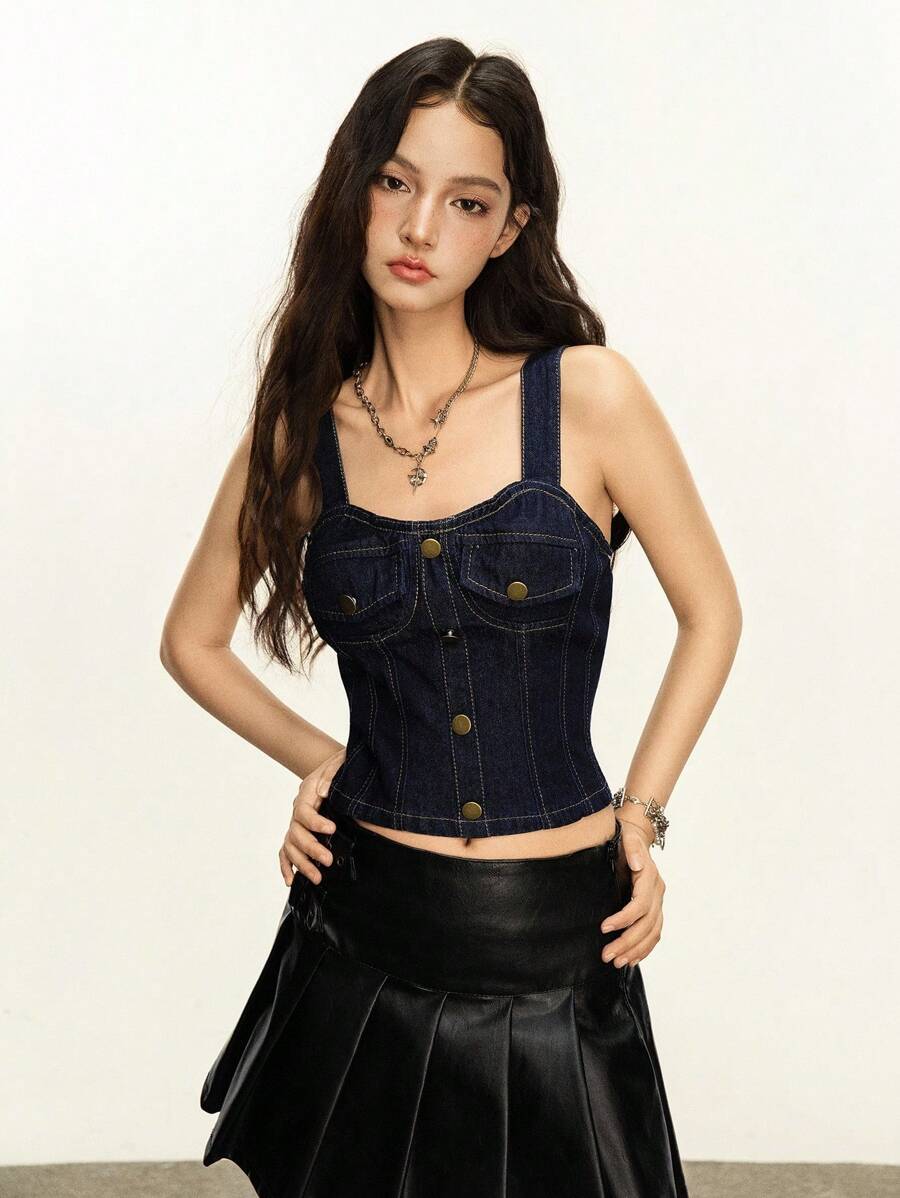 SHEIN EZwear 女式街头风格纽扣装饰修身牛仔连体裤 - 深色水洗藍 - 查看 1