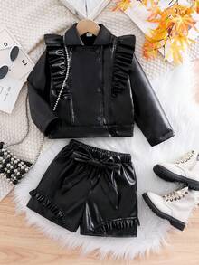 Young Girls Outerwear Co-Ords 2 Pieces Girls Black Faux Leather Jacket And Ruffle Shorts Set, Stylish Spring Summer Suit Girls Black Faux Leather Suit Set, Ruffle Lapel Jacket And Shorts For Party, School, Performance Black 2 Pieces Set Black Outfit Black Outfits For Leather Outfits Ruffle Outfit Black Outfits Black Pu Leather Outfit Girls Black Leather Outfit Set Young Girl Black Leather Shorts Set - Black - View 3