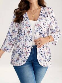 Comfylo 大码女式度假碎花前开 3/4 袖休闲夹克波西米亚风格女装商务休闲女装曲线休闲日常穿着，浪漫优雅，日常通勤和户外必备，通勤，极简主义，假日优雅装扮，假日装扮女装秋冬 - 彩色 - 查看 2