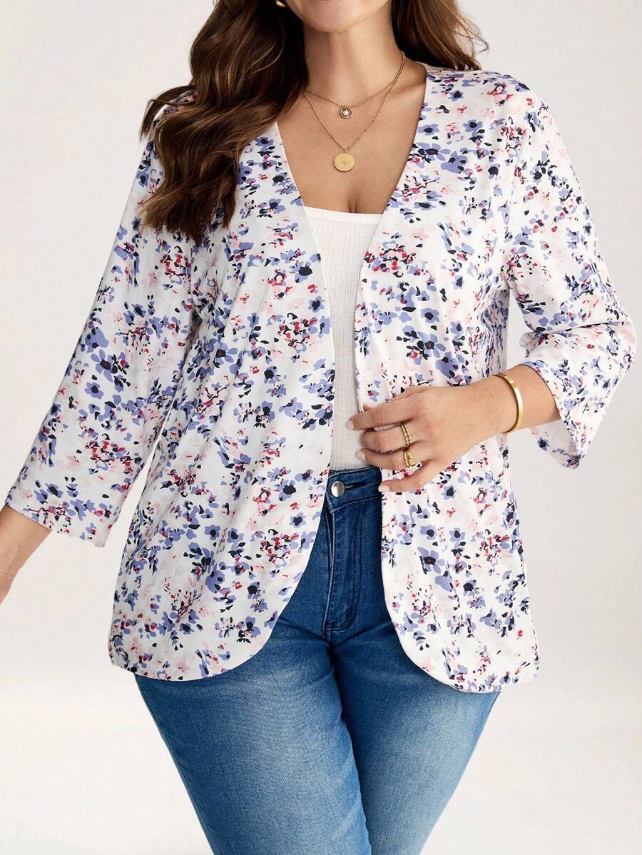 Comfylo 大码女式度假碎花前开 3/4 袖休闲夹克波西米亚风格女装商务休闲女装曲线休闲日常穿着，浪漫优雅，日常通勤和户外必备，通勤，极简主义，假日优雅装扮，假日装扮女装秋冬