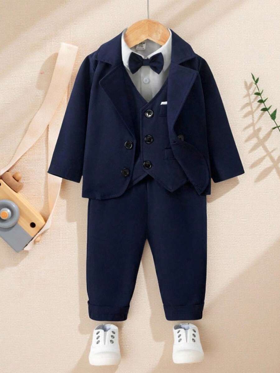 SHEIN 4 Piece Baby Boys Gentleman Outfit Set: Navy Blue Suit Jacket, Vest, Bow Tie, Trousers