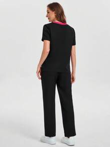 V-Neck Contrast Color Blocked Multi Pocket Short Sleeve Top & Pant Women Scrubs Uniform - Black - View 2