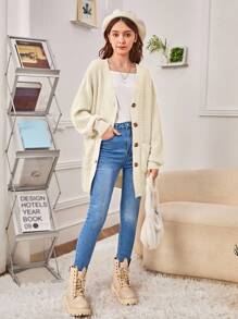 SHEIN Girls' Long Sleeve Oversized V-Neck Knitted Cardigan,In Fall/Winter - Apricot - View 3