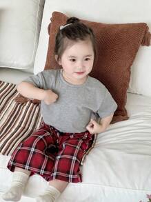 Dazy Kids 2pcs Toddler Girls' Casual Round Neck T-Shirt And Plaid Pants Set, Home Wear - Dark Grey - View 3