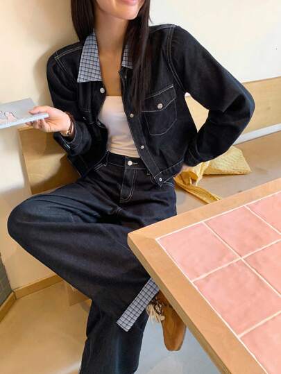 DAZY 女士休闲撞色清新少女风格衬衫和宽松牛仔裤两件套，秋季女装