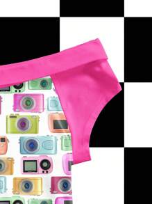 Y2Kool Warp Atelie Y2K Camera Colorblock Off Shoulder Fitted Short Sleeve T-Shirt For Women Suitable For Summer Vacation Party Daily Wear Camera Print Top 90s Top Rave Top 2000s Top Off The Shoulder Top SXY Back To School Cute Top Camera Print Shirt Pink Off The Shoulder Top Vintage Camera Shirt Colorful Camera Top - Multicolor - View 3