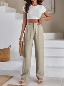 SHEIN Cottnline Women Front Two Sided Button Detailed Linen Pants - Apricot - View 5