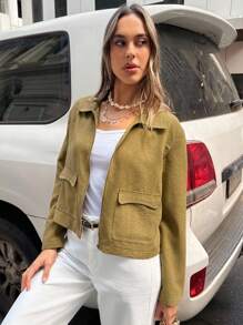 Siren Gaze 女士休闲翻领设计宽松修身拉链工装夹克，棕色老款长袖宽松夹克外套通勤休闲郊游老款返校教师冬季秋季 - 棕色 - 查看 4