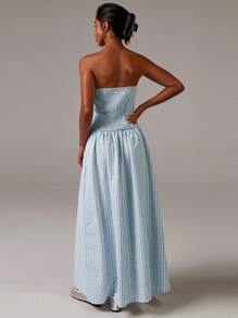 Athîral 女式度假风格图案印花褶皱紧身加长抹胸连衣裙，夏季 - 藍色 - 查看 4