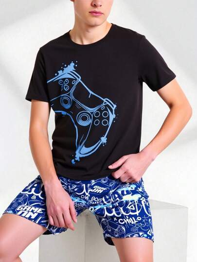 2 piezas/set Pijama informal para adolescentes varones con camiseta de manga corta con estampado de letras y videojuegos, y pantalones cortos. Pijama de gamer para niños adolescentes.
