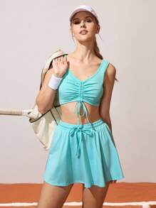 CourtClass Women's Simple Solid Color V-Neck Drawstring Ruched Camisole And Drawstring Waist Mini Skirt Sports Set Workout Women Sets - Mint Green - View 1