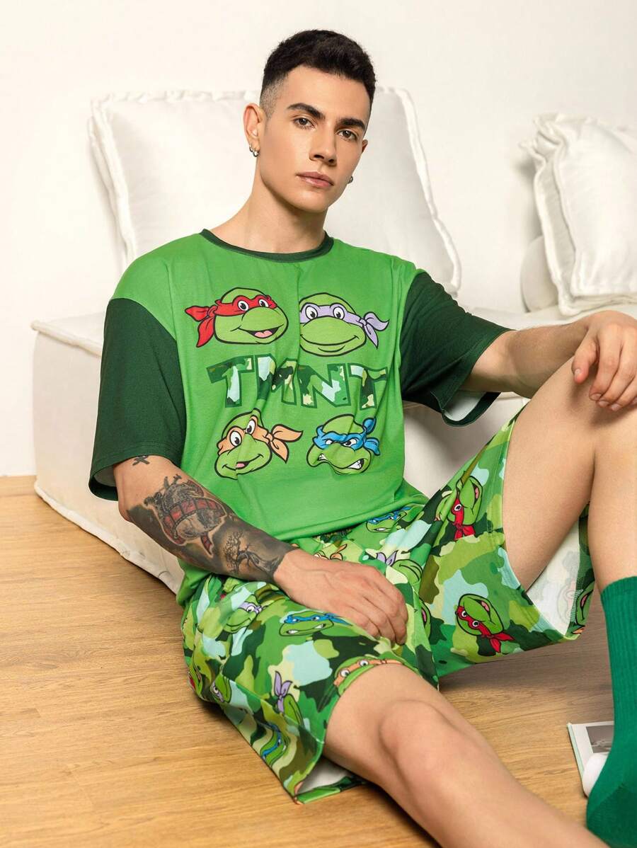 TEENAGE MUTANT NINJA TURTLES | SHEIN Men's Comfy Colorblock Cartoon Turtle Pattern Short Sleeve Top And Shorts Loungewear Set, Summer