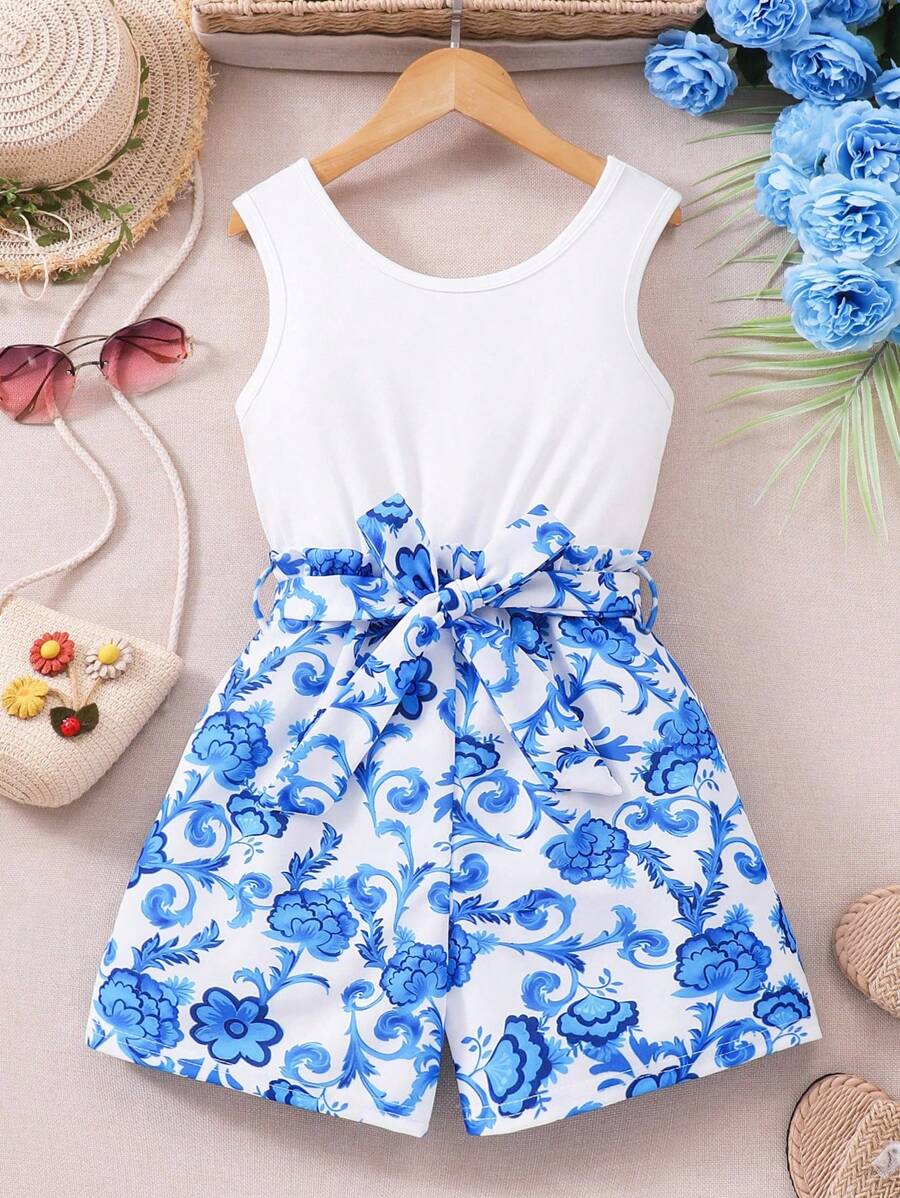 Tween Girls' Floral Print Romper With Round Neck, Sleeveless, School, Campus, College - Blue - View 1