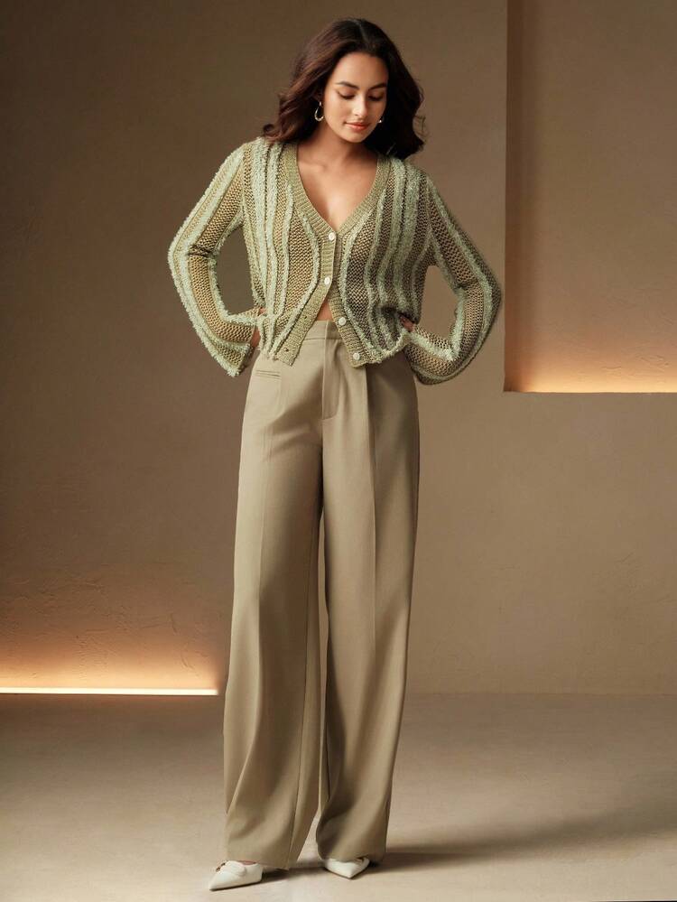 Women's Long Sleeve Single-Breasted Striped Hollow Out Knitted Cardigan