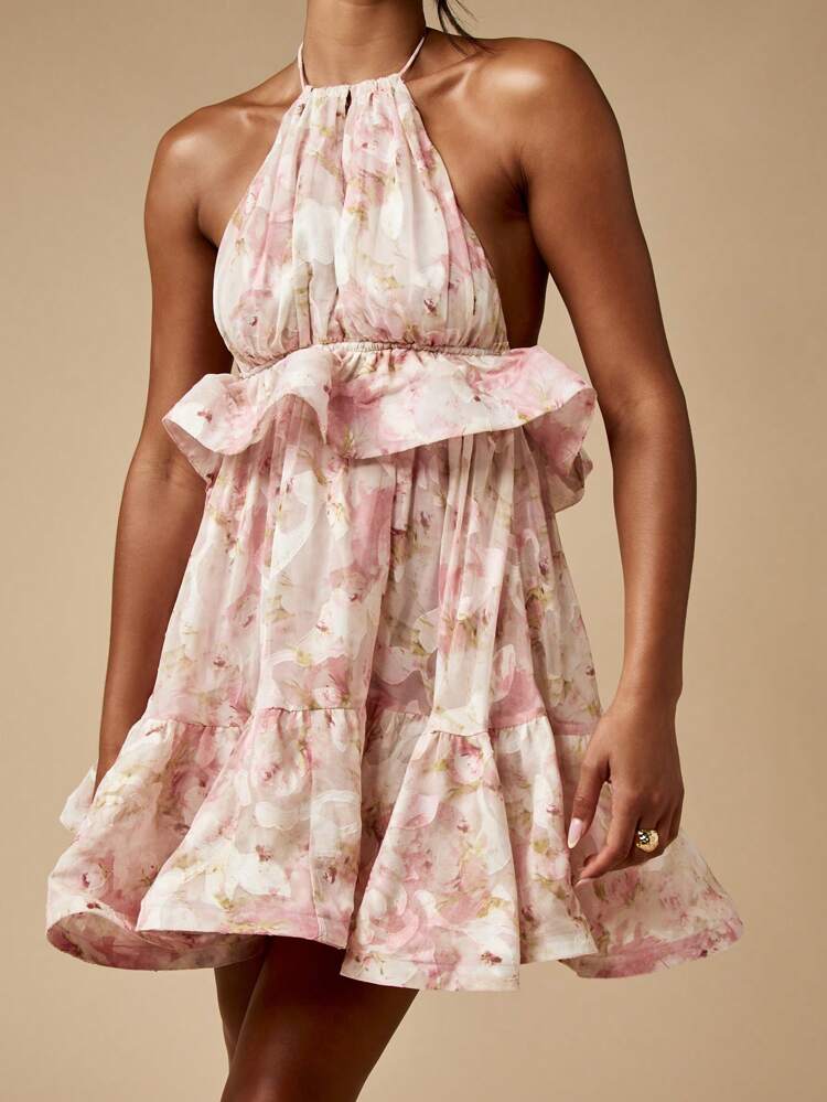 シフォンティアード 花柄プリント ホルターネック フレアミニドレス MISSGUIDED フリルティアードミニドレス、花柄シフォン