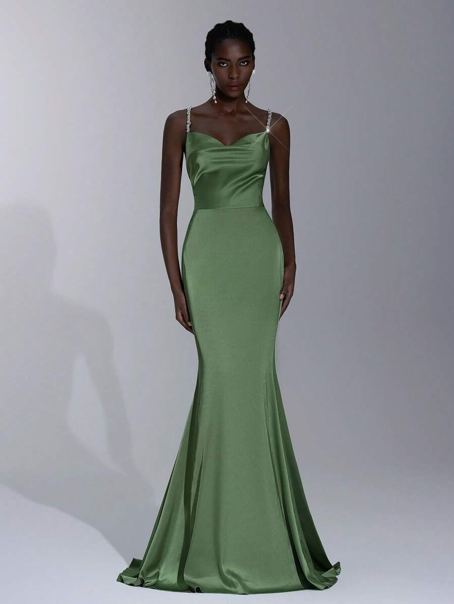 Elitara 优雅绿色缎面迷人珍珠吊带垂坠领美人鱼露背性感连衣裙，适合约会、度假、生日派对、舞会、婚礼、舞会、伴娘 - 綠色 - 查看 1