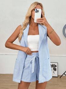 SHEIN LUNE Women's Summer Blue And White Striped Suit Vest & Shorts 2 Pieces Set,Smart Casual Vacation Outfit,Vintage Stockholm Style,Business Office Workwear - Blue and White - View 6
