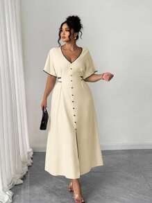 Elenzga 大码女式优雅 V 领纽扣腰带撞色休闲中长连衣裙 - 杏色 - 查看 1