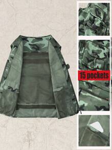 Manfinity LEGND 男士迷彩印花休闲背心，多口袋，无袖夹克，适合户外、钓鱼、摄影、宽松版型、春秋装、2000 年代风格 - 彩色 - 查看 7